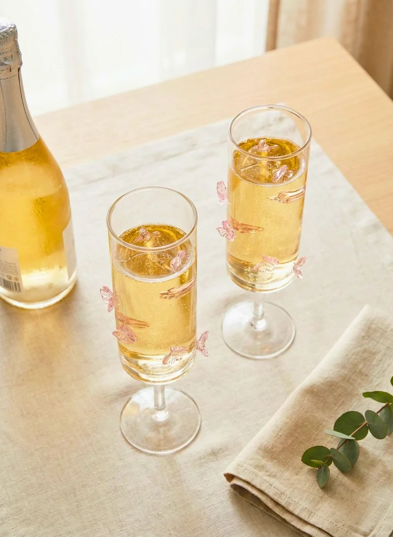 1Chase  Champagne Flute Glasses with Butterfly Design, 180ML Elegant Stemware Set of 2, Clear Glass Sparkling Wine, Prosecco Glasses  | Best Price UAE